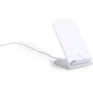 A wireless charger in white with a sleek design, featuring a logo on the base.
