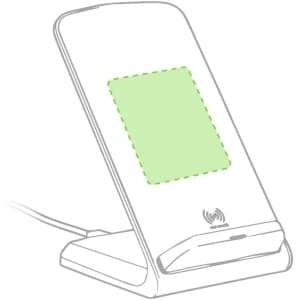 A wireless charger in a sleek white design with a green charging area and a logo at the base.