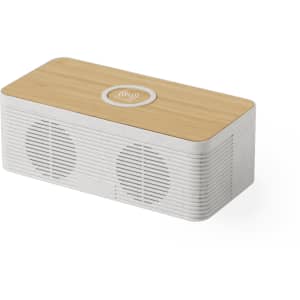 A wireless charger speaker in white with a wooden top, featuring two speakers and a branding logo.