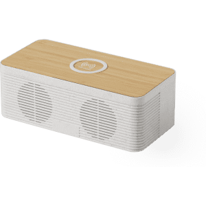 A wireless charger speaker in white with a wooden top, featuring two speaker grilles and a wireless charging pad.