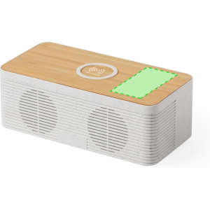 A wireless charger speaker with a bamboo top and a light-coloured body featuring two speaker grilles.