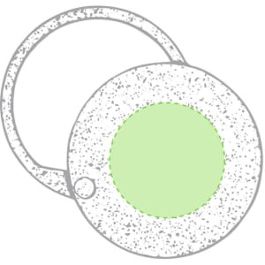 A round pocket mirror with a light green centre and a grey outer ring, featuring a simple logo.