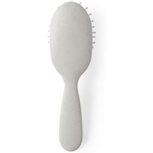 A grey hairbrush with a rounded handle and flexible bristles, featuring a minimalist design.