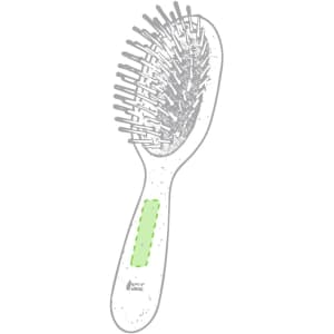 A hairbrush with a white handle and green accents, featuring flexible bristles and a contoured design, has a logo.