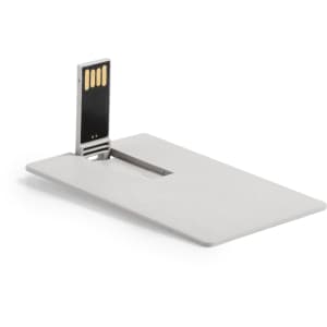 A silver 16GB USB memory drive with a card-like design and a retractable connector.