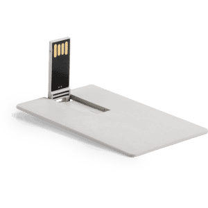 A white, slim USB memory stick with a retractable connector, featuring a subtle logo on its surface.