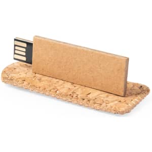 A 16GB USB memory drive with a cork base and a rectangular wooden casing, featuring a logo.