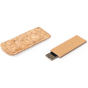 A 16GB USB flash drive with a cork casing and a brown cardboard cover. It includes a logo.