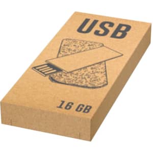 A brown cardboard box containing a 16GB USB flash drive, featuring a simple USB graphic.