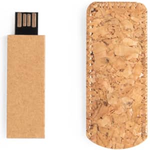 A 16GB USB memory drive with a cork design and a cardboard casing, featuring a logo on the surface.