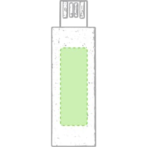 A green and white USB flash drive with a rectangular shape and a logo on its surface.