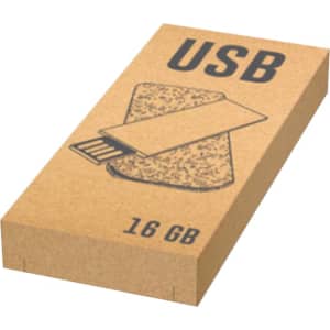 A USB flash drive packaging in a brown cardboard box, featuring an illustration and marked as 16GB.