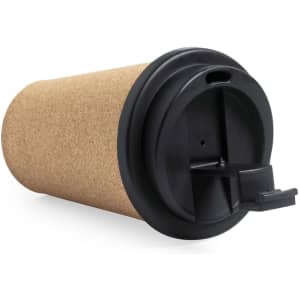 An insulated travel mug with a textured natural cork exterior and a black lid featuring a small opening for drinking.