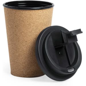 A drink bottle featuring a cork exterior and a black lid, designed for insulated travel use.