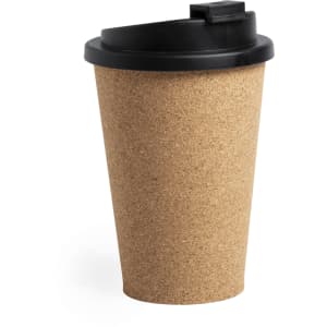 A drink bottle in a natural cork finish with a black lid, featuring a simple design and an attached logo.