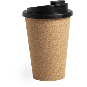 A drink bottle featuring a brown cork exterior and a black lid, with a white base visible in the background.