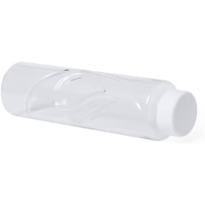 A drink bottle in clear plastic with a white cap, featuring a smooth, curved design and a branding logo.