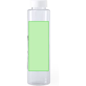 A drink bottle featuring a clear design with a green label area and a white cap. It has a logo on the body.