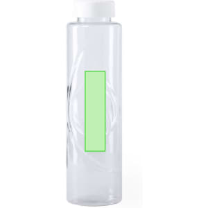 A drink bottle made of clear plastic with a white screw-on lid and a blank green area for custom branding.