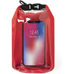 A red dry bag containing a smartphone, featuring a clear front panel and a secure closure system.