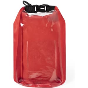 A red dry bag with a transparent front, featuring a black strap and a clip for secure closure.