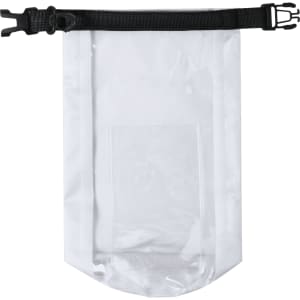 A white dry bag with a transparent front and a black strap. It features a secure closure mechanism.