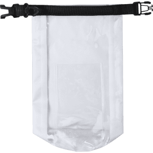 A white dry bag with a transparent front and a secure black strap at the top. Features a logo.