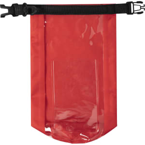 A red dry bag with a clear front and adjustable black strap. It features a buckle closure for secure storage.