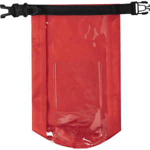 A red dry bag with a transparent window and black adjustable strap, featuring a logo.