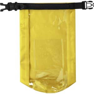A yellow dry bag with a transparent pocket and a black adjustable strap. It features a secure closure mechanism.