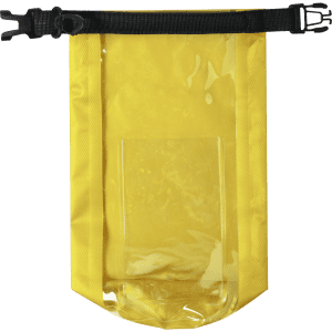 A yellow dry bag features a transparent front pocket and a secure strap closure. It includes a logo.