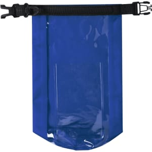 A blue dry bag with a black strap and buckle closure, featuring a clear panel for visibility.