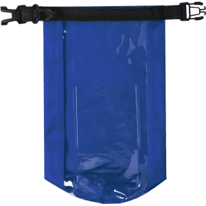 A blue dry bag with a transparent section and a black strap closure. It features a logo on the surface.