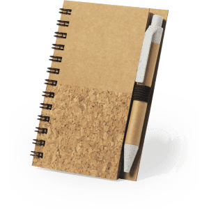 A notebook with a cork cover, featuring a spiral binding and a pen tucked into an elastic band.