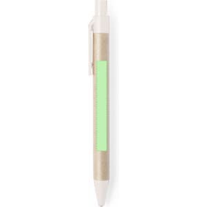 A pen with a green accent and a brown, recyclable barrel, featuring a clip for easy attachment.