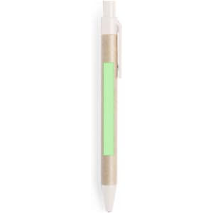 A pen with a beige barrel and a green accent, featuring a clip for attachment, positioned upright.