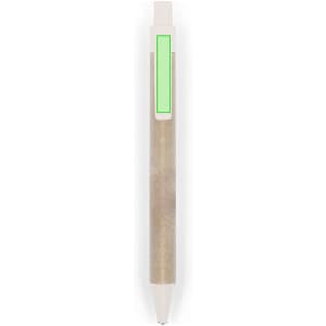 A pen with a wooden body and a green accent on the side, featuring a white tip. It includes a branding logo.