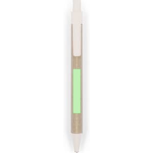 A pen with a brown paper barrel, white accents, and a glowing green band. It features a logo on the barrel.