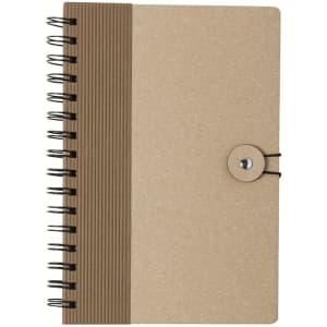 A tan notebook with a ribbed cover and black spiral binding, featuring a button closure.