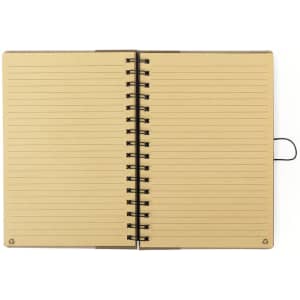 A spiral-bound notebook with lined pages, featuring a brown cover and an attached elastic closure.