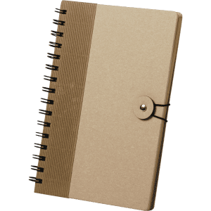 A spiral-bound notebook with a textured brown cover and a button closure. It has a logo on the front.