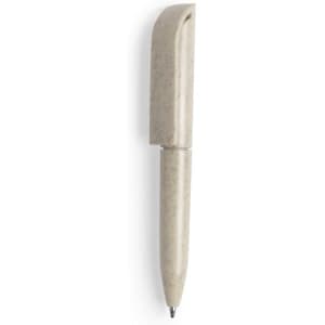 A light grey mini pen with a unique shape and a clip, featuring a logo on the side.