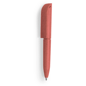 A red pen with a sleek design and a matching cap, featuring a logo.