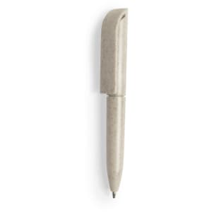 A grey pen with a unique design and a logo. The pen has a smooth finish and is compact in size.