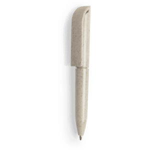 A grey pen with a curved cap and a subtle speckled design. It includes branding on the body.