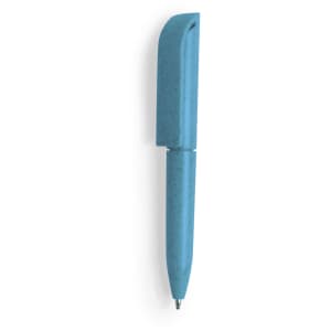 A turquoise pen with a unique cap design, featuring a branding logo on its body.