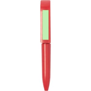 A red pen with a green section and a logo on its body. The design is sleek and minimalistic.