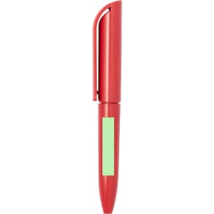 A red pen with a clip and a green accent, featuring a logo on the body.