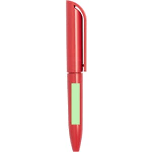 A red pen with a green accent and a clip, featuring a logo on the body.
