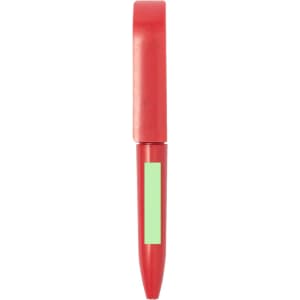 A red pen with a green section, featuring a logo on its body.